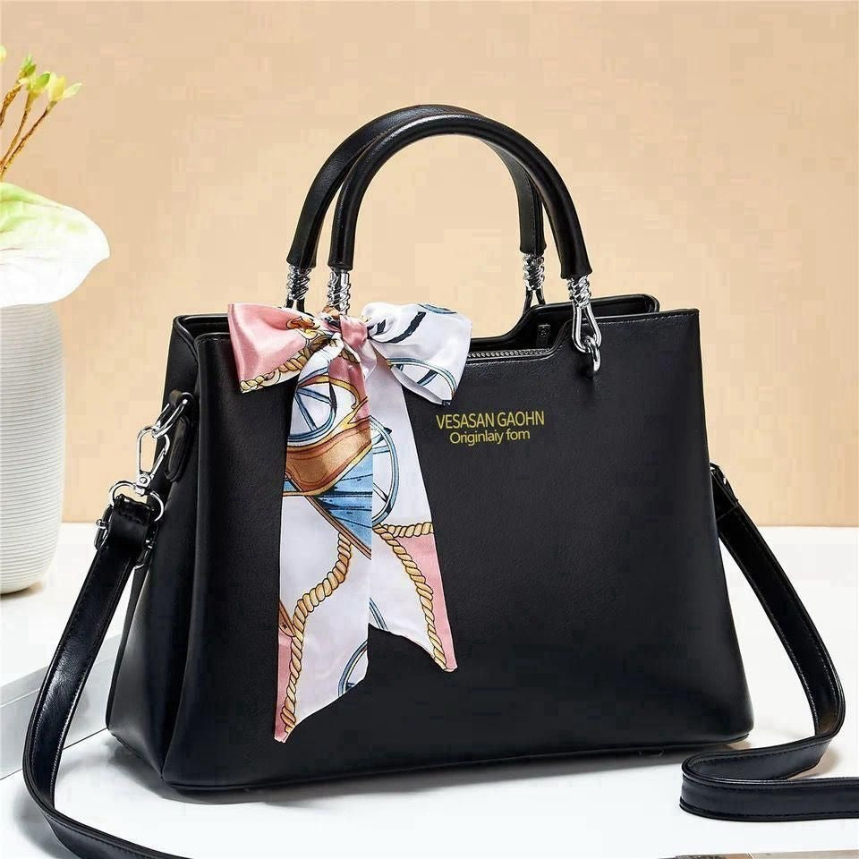 elegant faux leather handbag with scarf