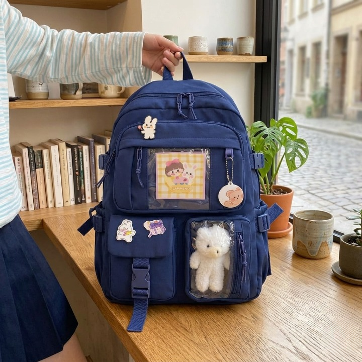 Cute Women Backpack Multi Pocket Canvas School Bag White Student Bag