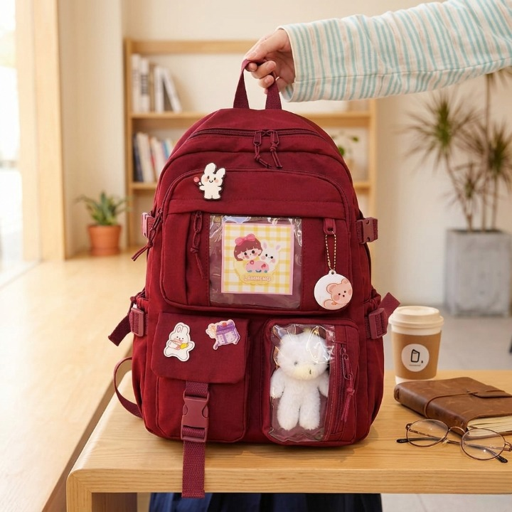 Cute Women Backpack Multi Pocket Canvas School Bag White Student Bag