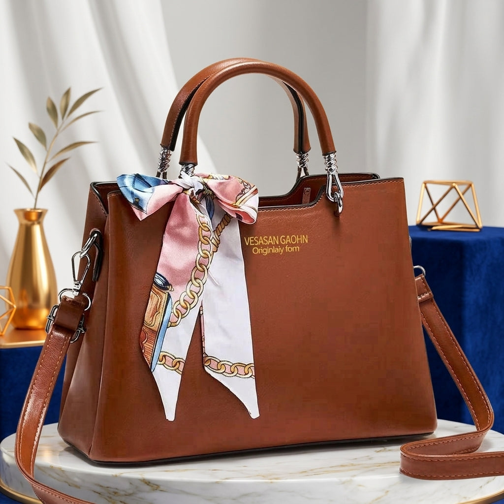 elegant faux leather handbag with scarf