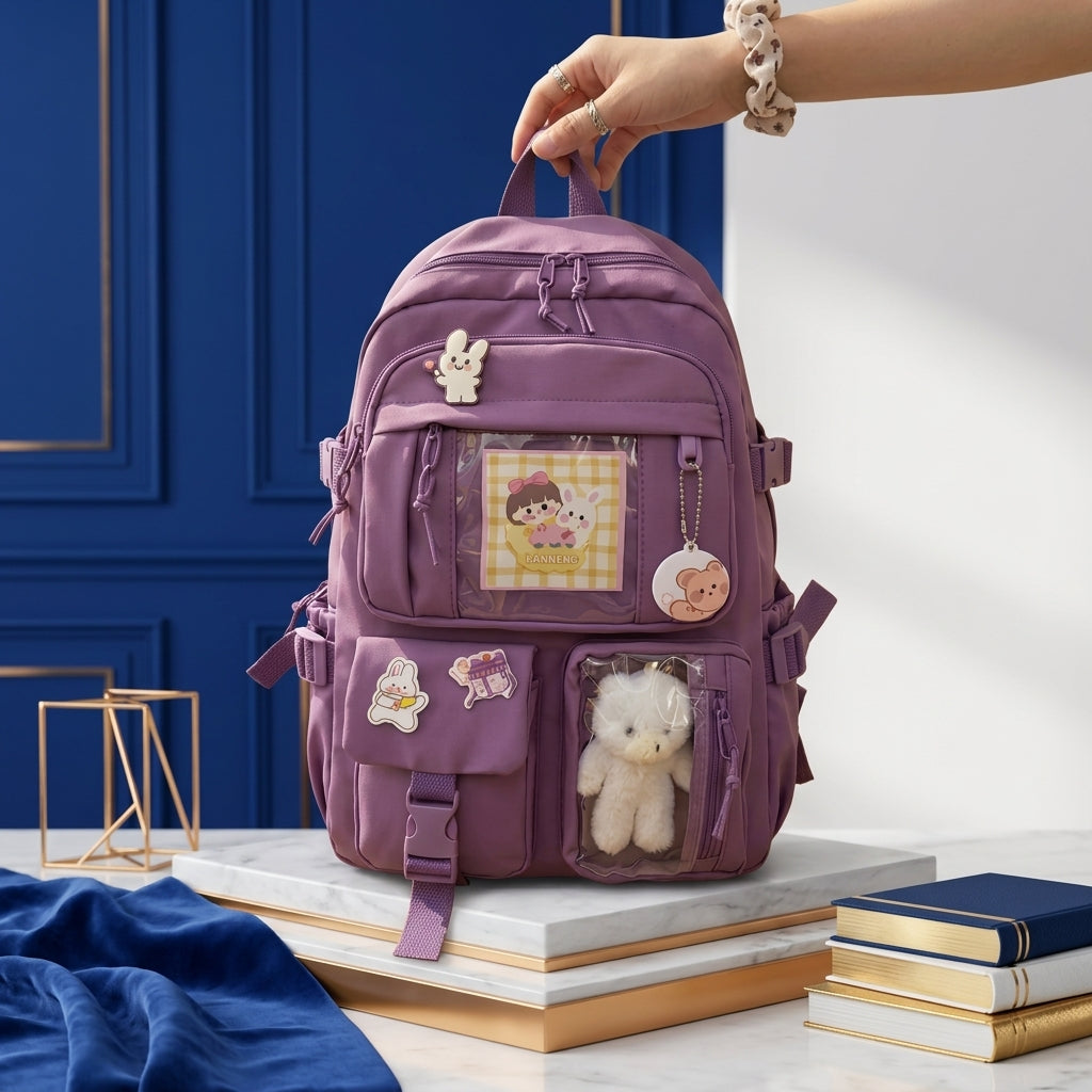 Cute Women Backpack Multi Pocket Canvas School Bag White Student Bag